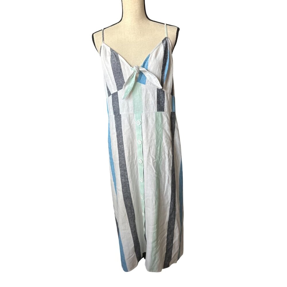 BP Linen Dress Stripes Sleeveless Midi Button Front Tie White Blue Size XL